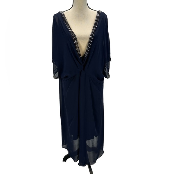Betsy & Adam Short Sleeve Bead Trim Chiffon Midi Dress - Navy Blue - size 22W - Picture 1 of 8